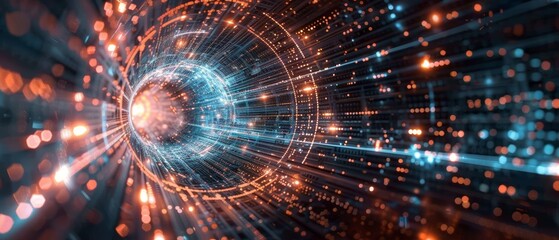 Fototapeta premium Abstract digital art with glowing lights and a swirling vortex.