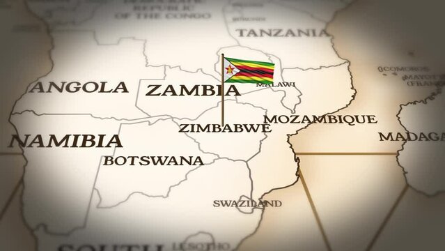 Zimbabwe flag showing on world map with 3D rendering