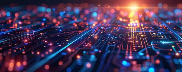 Abstract digital background with glowing lines and bokeh.