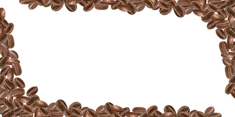 Dark roasted coffee beans. Dense arrangement of grains. Horizontal frame with aroma ingredient for popular drink. Empty space for your text. Watercolor illustration for package, label, logo