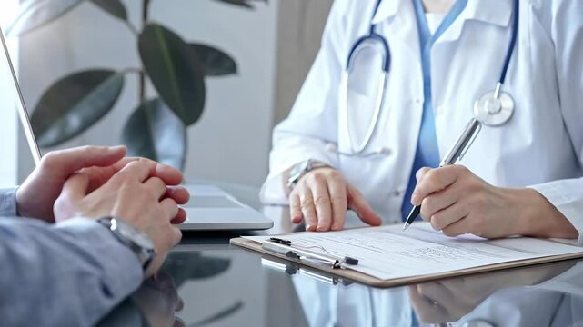 Doctor and patient discussing health concerns in medical office. Physician making notes on a clipboard. Medicine and Health care