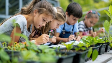 
Children study plants with magnifying glasses in biology lessons