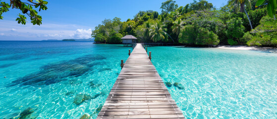 Idyllic crystal-clear lagoon surrounded by lush jungle and sandy beach with wooden pier, perfect summer escape