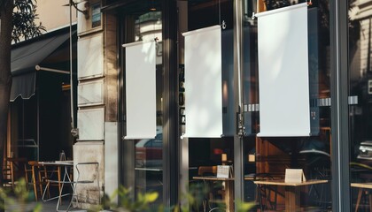 Three banner blank hang in storefront windows, with outdoor tables and chairs in front, mockup banner