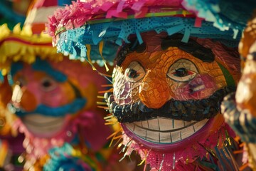 Colorful piñatas adorned with festive decorations and candies, ready to be broken open during Las Posadas festivities in Mexico. The piñatas are filled with treats and surprises for the celebrants.