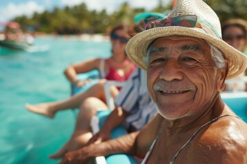 Fototapeta premium An older man in a hat smiles broadly while on a vacation boat. He is surrounded by a vibrant, clear water and sunny skies, epitomizing a joyful getaway.