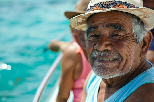 An elderly man in a hat and blue shirt enjoys a sunny day on a boat in turquoise water, with another person in the background, capturing a carefree and adventurous moment. - Powered by Adobe