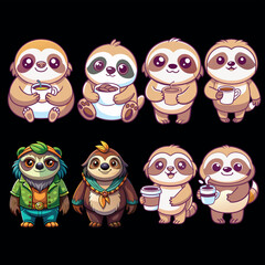 Cute Sloth eating coffee animals vector Cartoon sloth characters and climbing on rainforest jungle tree branches .Funny sloths eating leaves.