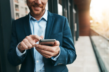 Phone, hands and businessman by building for research with email on corporate company merger. Cellphone, scroll and financial advisor with information for asset investment profit on office rooftop.