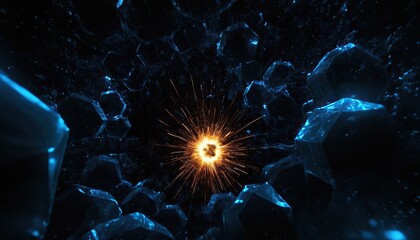 Obraz premium 3D illustration of an explosion power design with a crushing surface against an abstract geometric blue background.