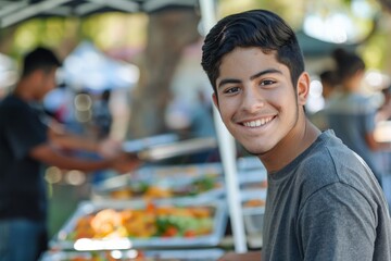 Fototapeta premium A young man with a bright smile poses in front of an outdoor food stand on a sunny day, captured in a candid moment that radiates positivity and friendliness.