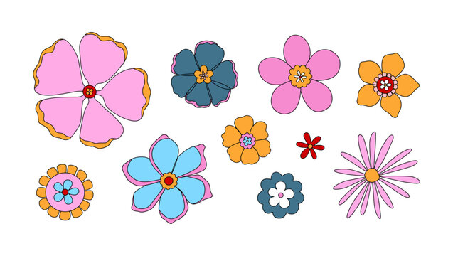 Flower power. Retro groovy hippie flowers and chamomiles. Psychedelic floral stickers, doodles, icons. Vector isolated on white.