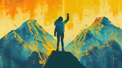 Fototapeta premium kids on mountain peak with hero pose