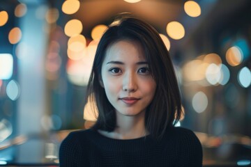 Obraz premium A young woman with a confident expression poses in an urban setting at night, with blurred city lights in the background, creating a bokeh effect.