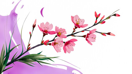 Pink Cherry Blossom Branch with Watercolor Lilac Splash &ndash; An Elegant Floral Illustration on White Background