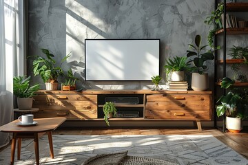 Fototapeta premium Tranquil Oasis: Minimalist TV Display Anchors Serene Workspace