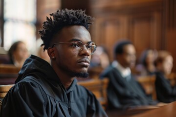 A student with glasses, dressed in academic robes, attentively listening during a lecture or ceremony, signifying knowledge, education, and academic dedication.