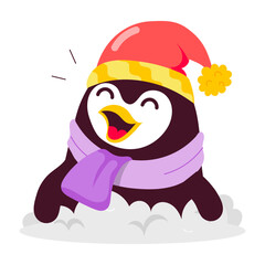 Cute christmas penguin with santa hat, flat sticker 

