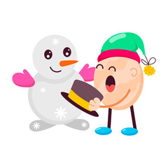Cute character making snowman, flat sticker 

