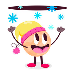 A flat style cartoon with beanie enjoying snowfall 

