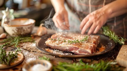 A chef seasoning meat with herbs and salt on a wooden table, preparing a delicious meal with fresh ingredients in a rustic kitchen. - Powered by Adobe