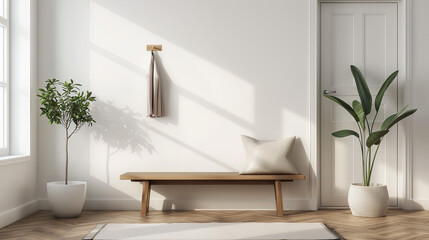 Minimalist Scandinavian interior design with wooden bench, white brick wall, potted plants 