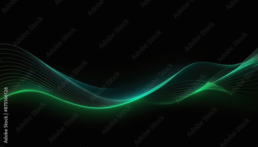 Wall mural design elements with green wavy lines and glowing, glittering lines that move softly. black backdrop