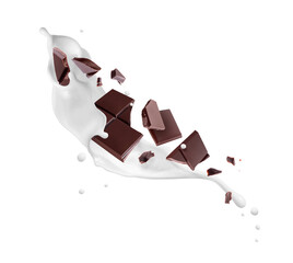 Pieces of broken dark chocolate bar in milk splashes isolated on a white background