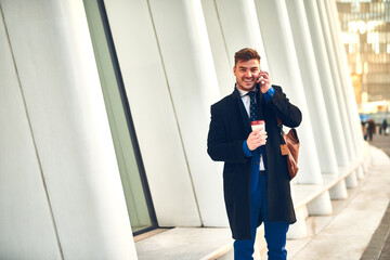 City, portrait and businessman with phone call for talking, communication and networking in urban...