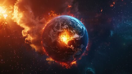 A dramatic depiction of Earth being consumed by fiery explosions in space, symbolizing a catastrophic end or an impactful environmental message.