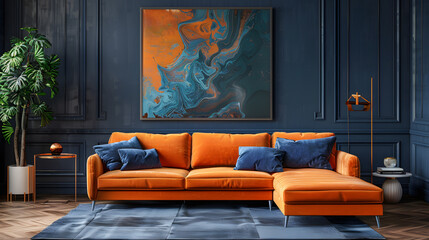 Orange sofa and armchair against dark blue classic wall with marbling poster. Art deco home interior design of modern living room.