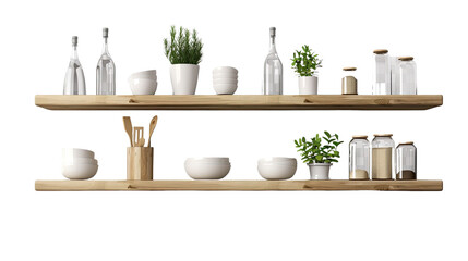 Wall mounted kitchen shelves isolated on transparent background PNG.