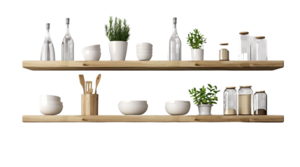 Wall mounted kitchen shelves isolated on transparent background PNG.
