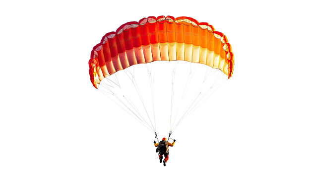 Photograph of people jumping with parachutes on a white background