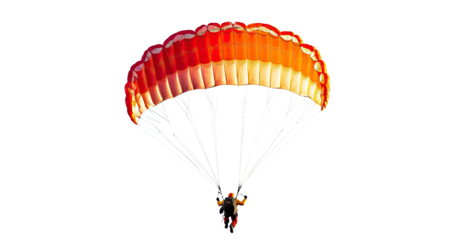 Photograph of people jumping with parachutes on a white background