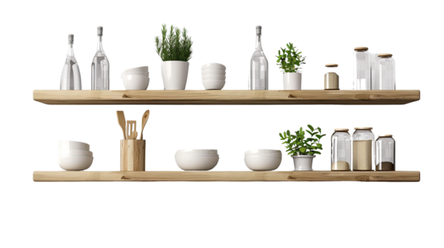 Wall mounted kitchen shelves isolated on transparent background PNG. - Powered by Adobe