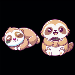 Cute Sloth eating coffee animals vector Cartoon sloth characters and climbing on rainforest jungle tree branches .Funny sloths eating leaves.