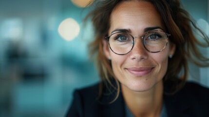 Image of a woman with brown hair and glasses smiling into the camera, displaying warmth and sincerity in a softly lit, professional environment.