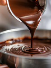 Liquid chocolate is meticulously poured into molds, capturing the art of chocolate making with its glossy texture and rich, indulgent color