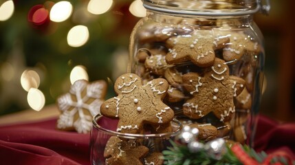Gingerbread cookies in a glass jar, with a Christmas theme, on a red tablecloth background, with green tree branches, with white and silver ribbon decoration on the cookie jar lid. Generative AI