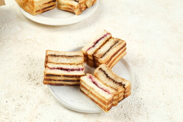 Close-up of delicious roti bakar Bandung or bandung style toast with various sweet fillings,...