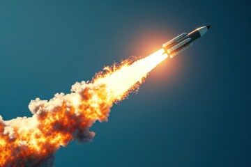 side view of rocket blasting off with fire trail blue sky background