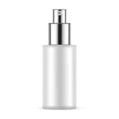 Plastic Spray Bottle Mockup With Metallic Cap, Front View, Isolated On White Background. Vector Illustration