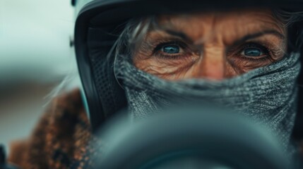 An evocative side view of a motorcyclist dressed in protective gear, highlighting the helmet and visor, which reflects their vigilance and readiness for the ride.