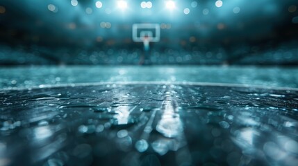 A close-up view of a wet basketball court with reflections from stadium lights above, emphasizing the readiness and excitement for upcoming sports events.