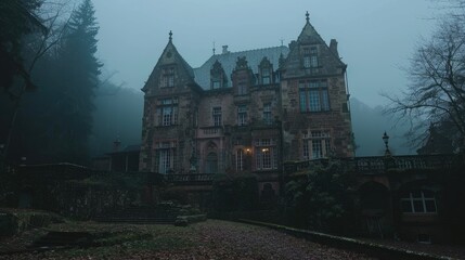 Spooky old gothic castle, foggy night, haunted mansion