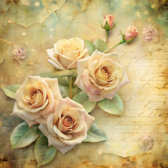 Obraz premium digital painting depicting a group of four yellow roses with varying sizes, three in full bloom and one bud, arranged near the left side of the visual. Accompanying the roses are green leaves and bran