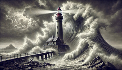 Realistic lighthouse hit massive wave tall sturdy rocky shore