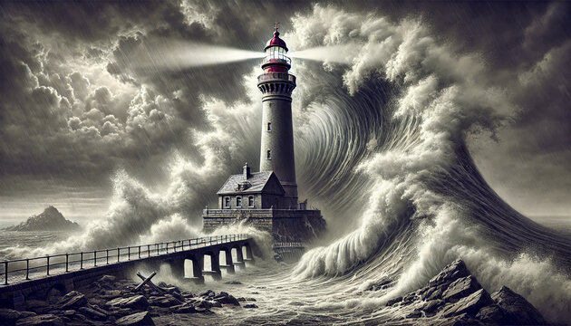 Realistic lighthouse hit massive wave tall sturdy rocky shore