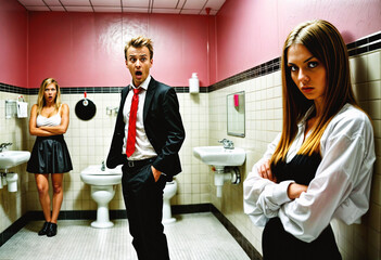 A man in a suit stands between two women in a bathroom or public toilet, and they are all very angry about something, perhaps there is a quarrel between them.